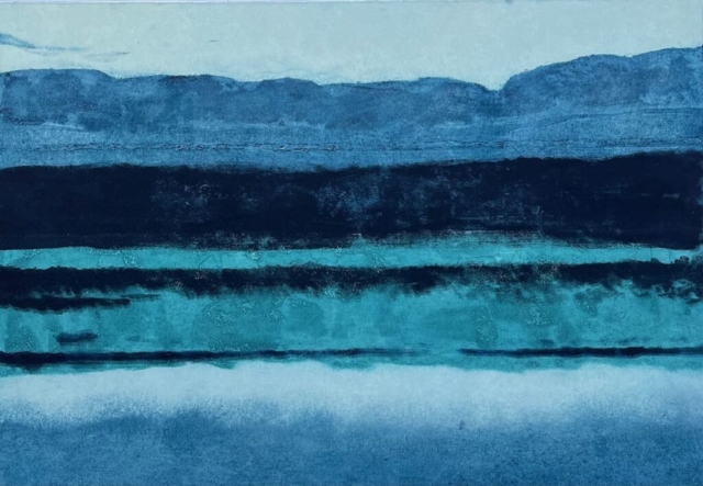 Paisaje en azules, grabado, técnicas aditivas.